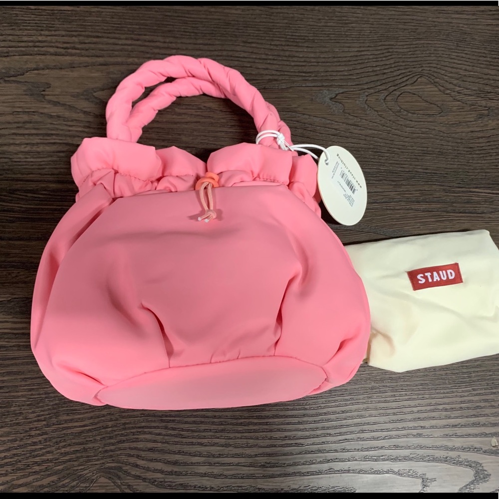 Staud Stella Plaited-Handle Drawstring Bag In Grapefruit - Picture 2 of 4